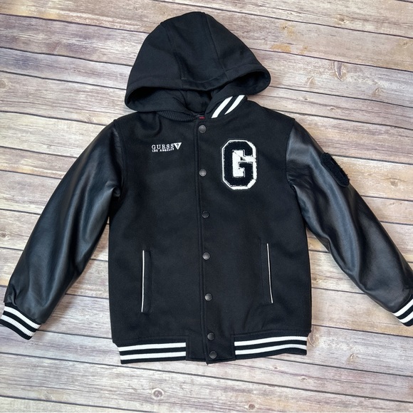 Guess Other - Guess Kids Ivy Varsity Hooded Faux Leather Sleeve Jacket In Black 8